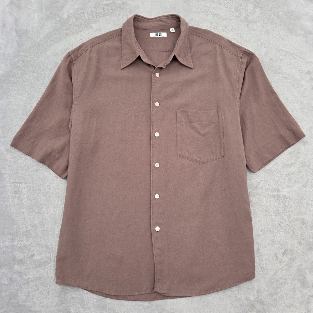 Uniqlo U Boxy Short Sleeve Button-Up Shirt Mens M Linen Rayon Blend Brown 447765